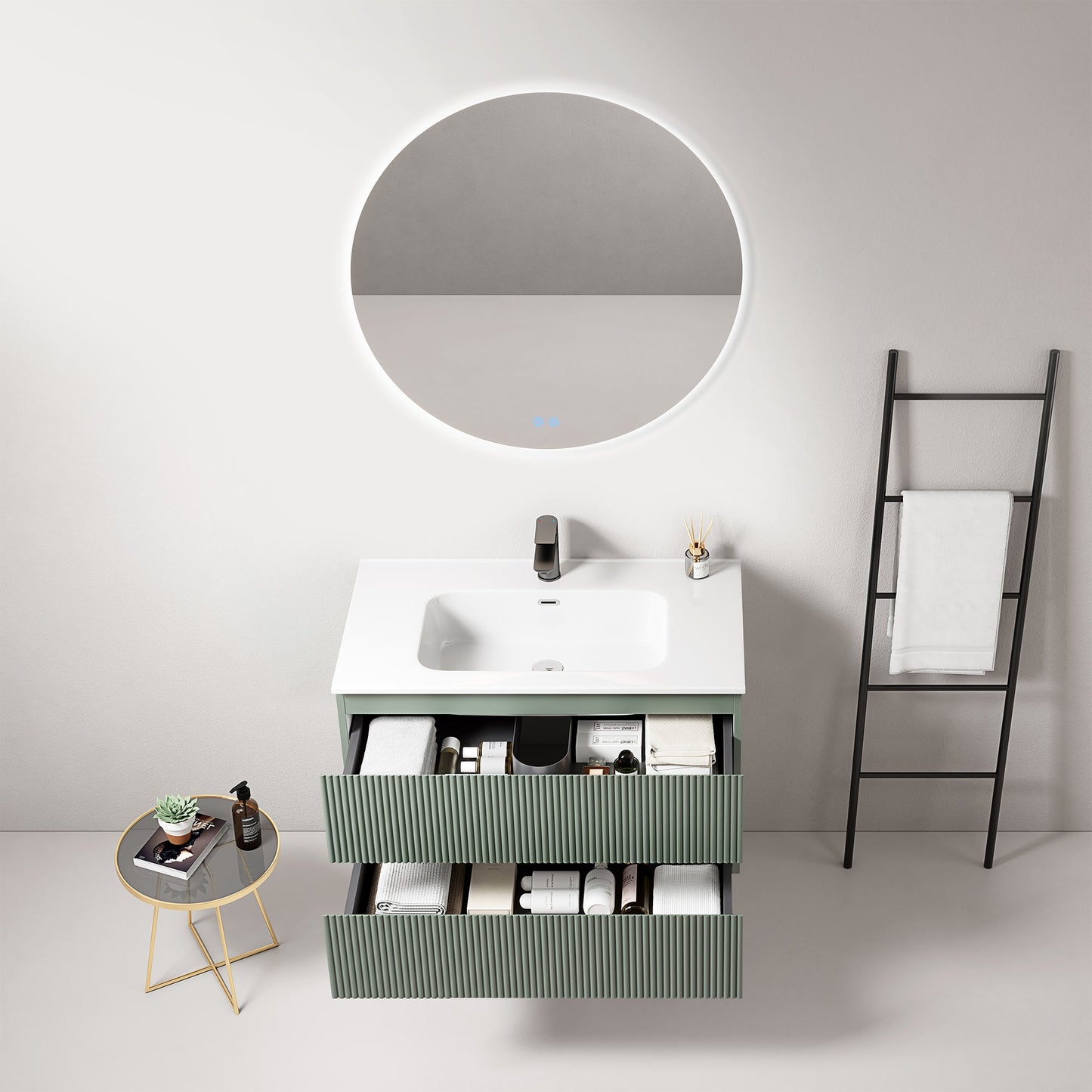Mobile bagno sospeso cannettato 80 cm Verde Salvia Lavabo in Ceramica Specchio Tondo Retroilluminato - Fiji Paint