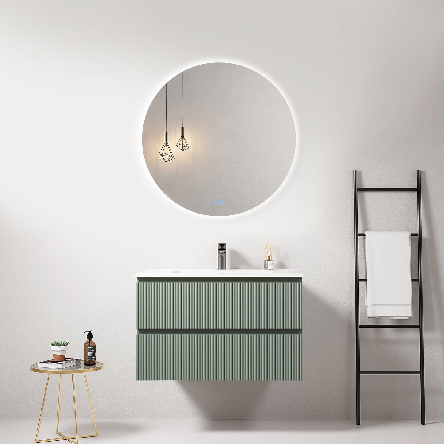 Mobile bagno sospeso cannettato 80 cm Verde Salvia Lavabo in Ceramica Specchio Tondo Retroilluminato - Fiji Paint