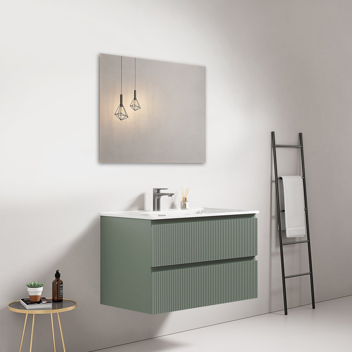 Mobile bagno sospeso cannettato 80 cm Verde Salvia Lavabo in Ceramica Specchio Quadro - Fiji Paint
