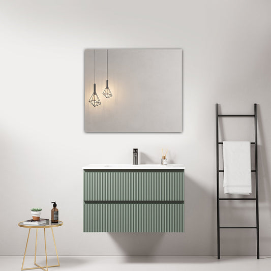 Mobile bagno sospeso cannettato 80 cm Verde Salvia Lavabo in Ceramica Specchio Quadro - Fiji Paint