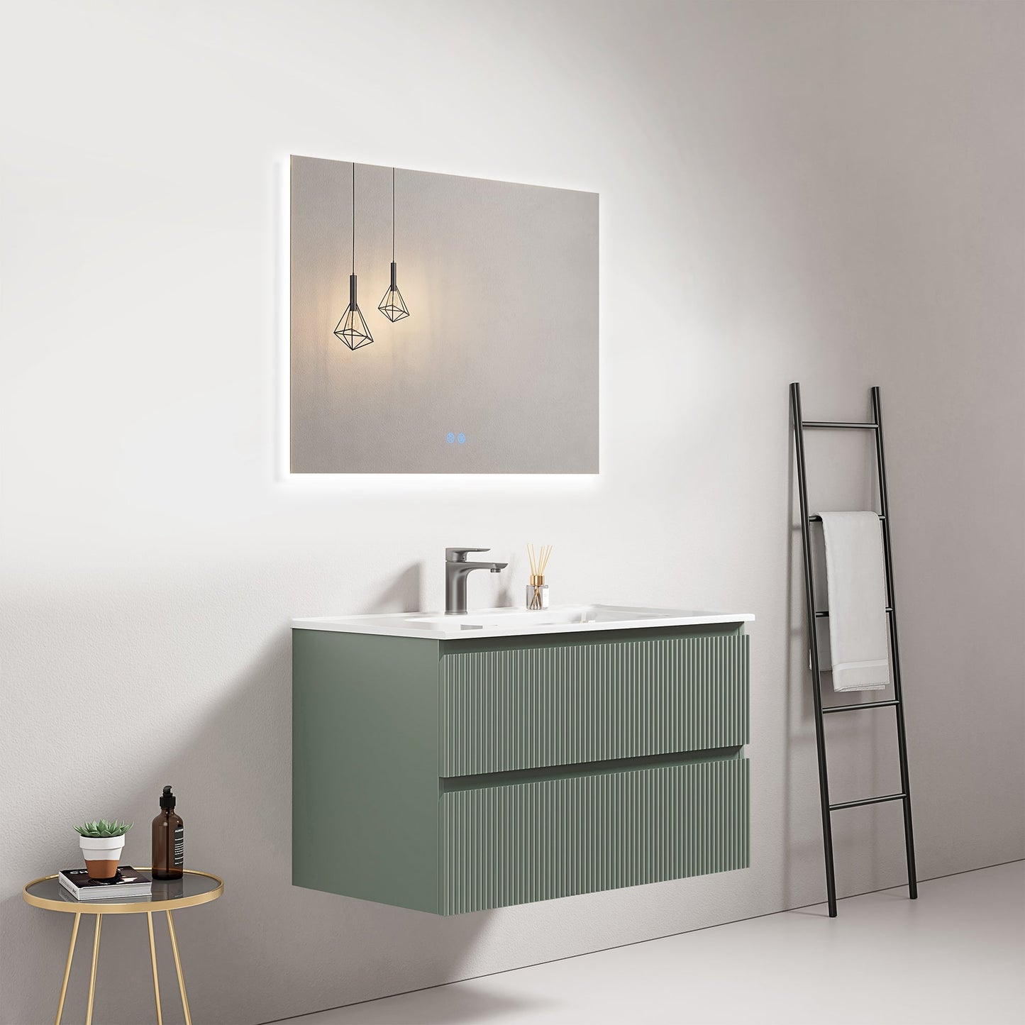 Mobile bagno sospeso cannettato 80 cm Verde Salvia Lavabo in Ceramica Specchio Quadro Retroilluminato - Fiji Paint