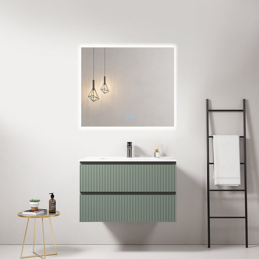 Mobile bagno sospeso cannettato 80 cm Verde Salvia Lavabo in Ceramica Specchio Quadro Retroilluminato - Fiji Paint