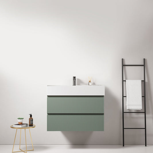 Mobile bagno sospeso cannettato 80 cm Verde Salvia Lavabo in Resina Senza Specchio - Fiji Paint