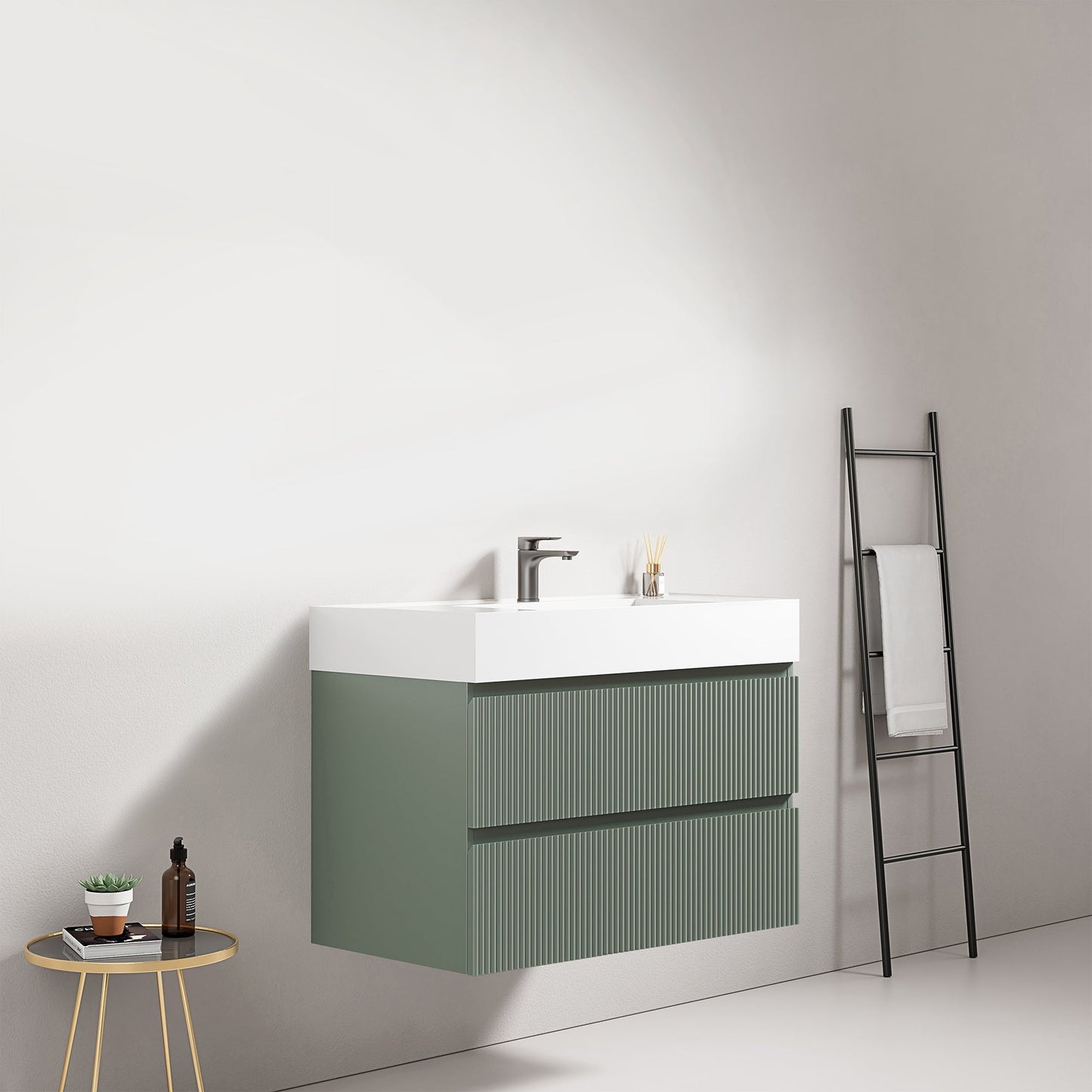 Mobile bagno sospeso cannettato 80 cm Verde Salvia Lavabo in Resina Senza Specchio - Fiji Paint