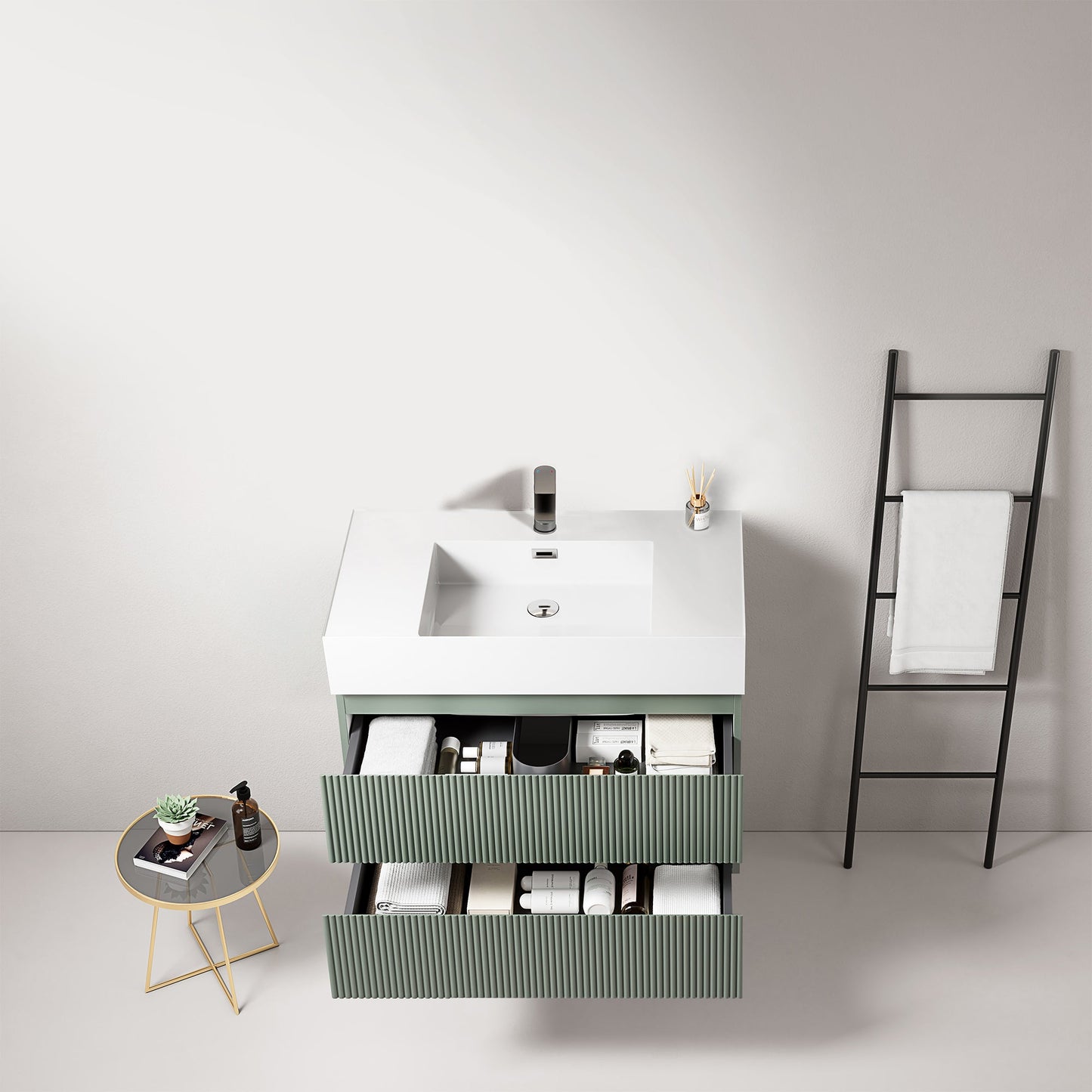 Mobile bagno sospeso cannettato 80 cm Verde Salvia Lavabo in Resina Senza Specchio - Fiji Paint