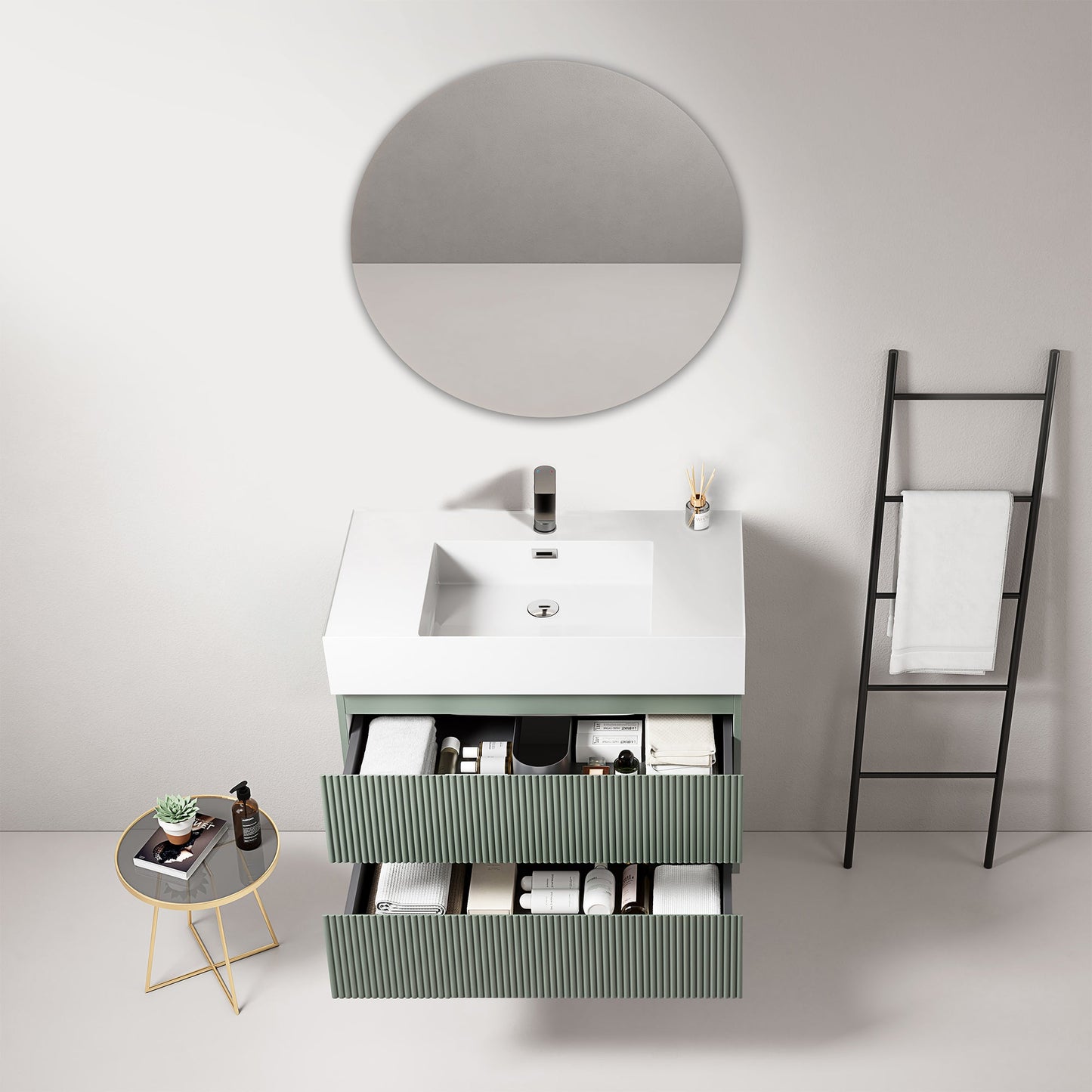 Mobile bagno sospeso cannettato 80 cm Verde Salvia Lavabo in Resina Specchio Tondo - Fiji Paint