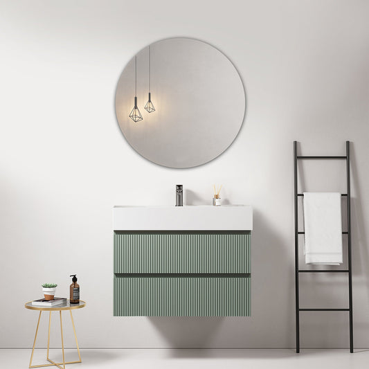 Mobile bagno sospeso cannettato 80 cm Verde Salvia Lavabo in Resina Specchio Tondo - Fiji Paint