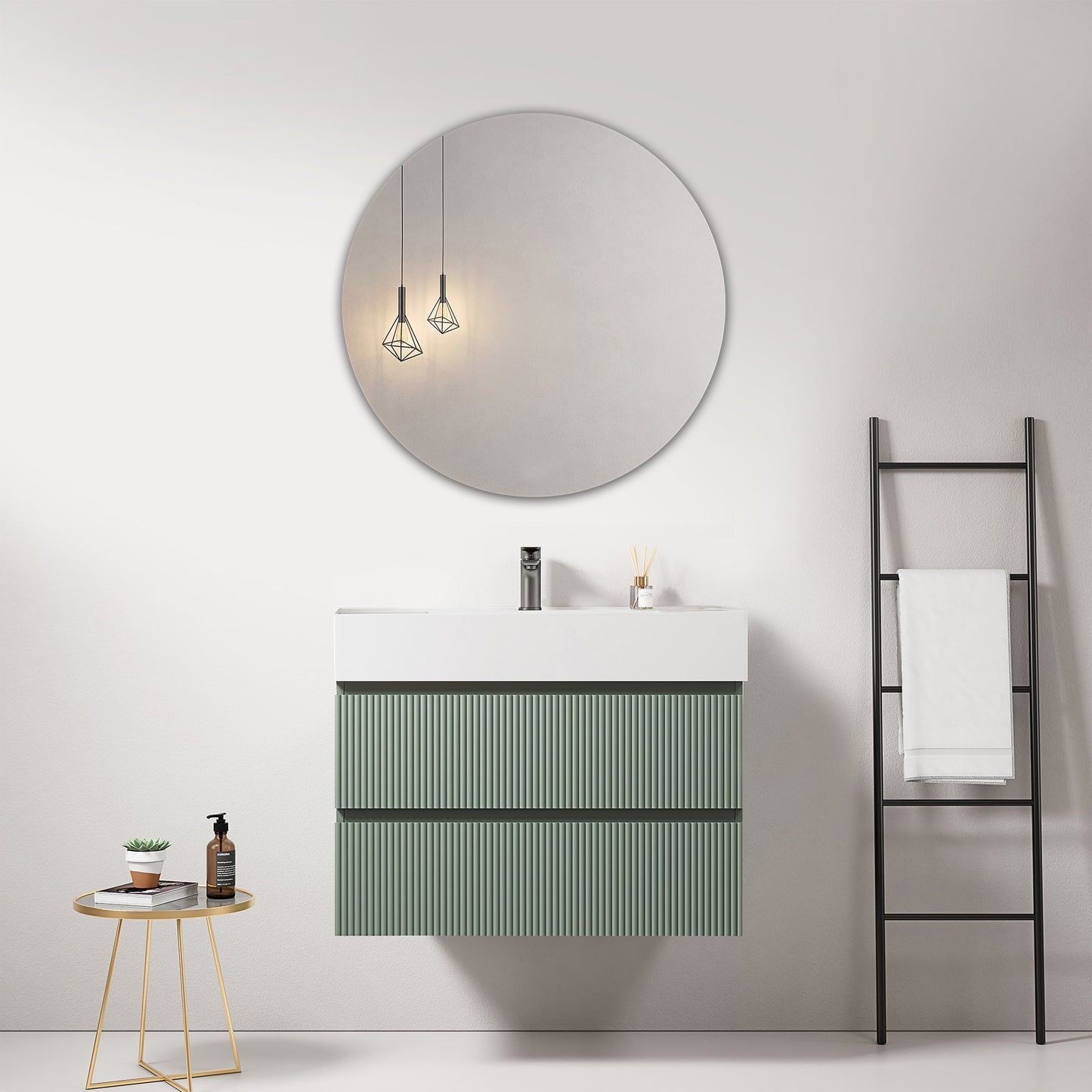 Mobile bagno sospeso cannettato 80 cm Verde Salvia Lavabo in Resina Specchio Tondo - Fiji Paint