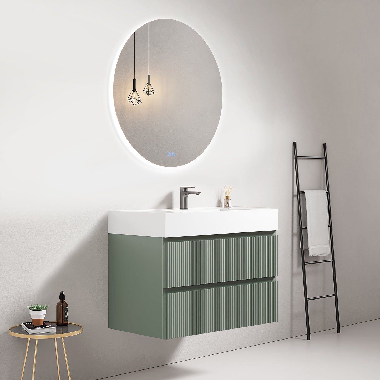 Mobile bagno sospeso cannettato 80 cm Verde Salvia Lavabo in Resina Specchio Tondo Retroilluminato - Fiji Paint