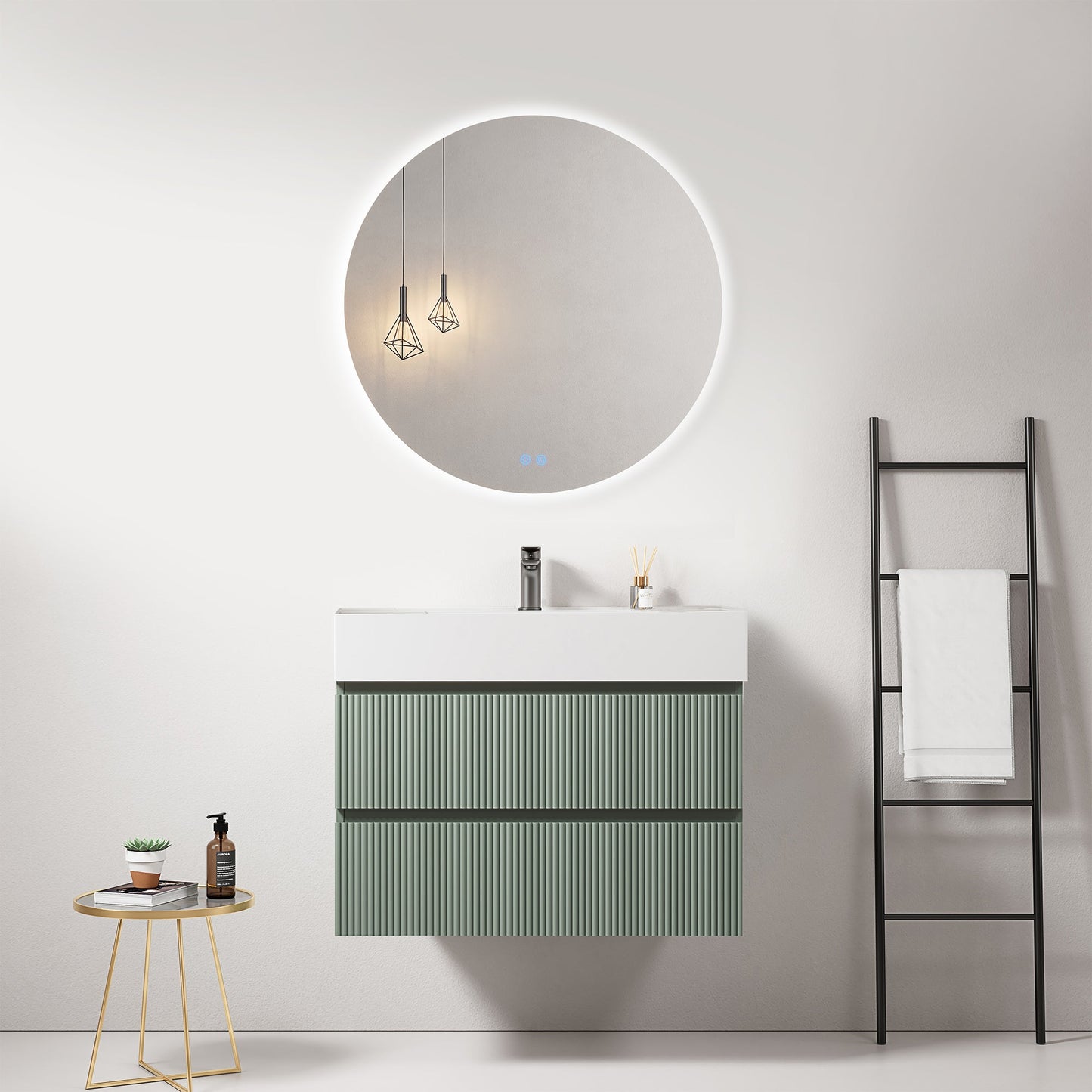 Mobile bagno sospeso cannettato 80 cm Verde Salvia Lavabo in Resina Specchio Tondo Retroilluminato - Fiji Paint