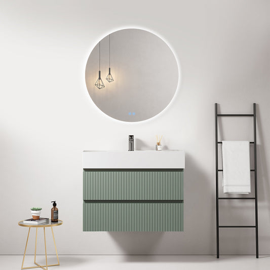 Mobile bagno sospeso cannettato 80 cm Verde Salvia Lavabo in Resina Specchio Tondo Retroilluminato - Fiji Paint
