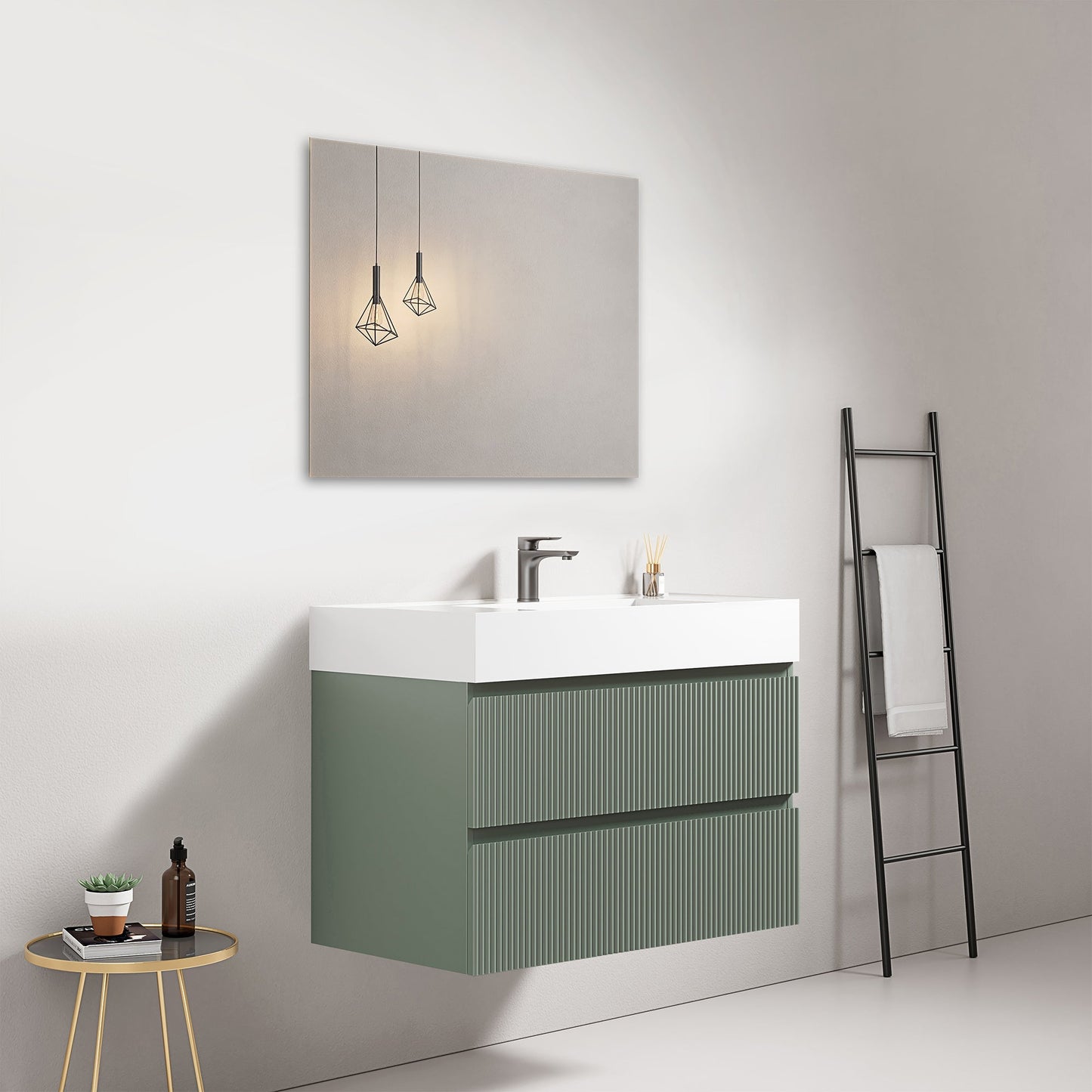 Mobile bagno sospeso cannettato 80 cm Verde Salvia Lavabo in Resina Specchio Quadro - Fiji Paint