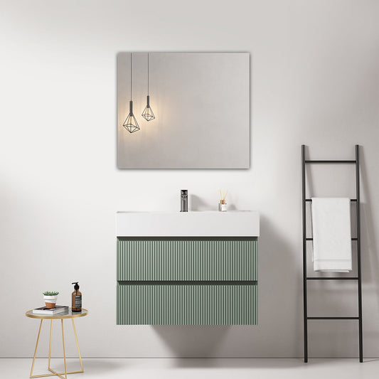 Mobile bagno sospeso cannettato 80 cm Verde Salvia Lavabo in Resina Specchio Quadro - Fiji Paint