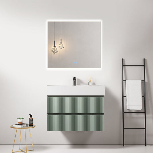 Mobile bagno sospeso cannettato 80 cm Verde Salvia Lavabo in Resina Specchio Quadro Retroilluminato - Fiji Paint
