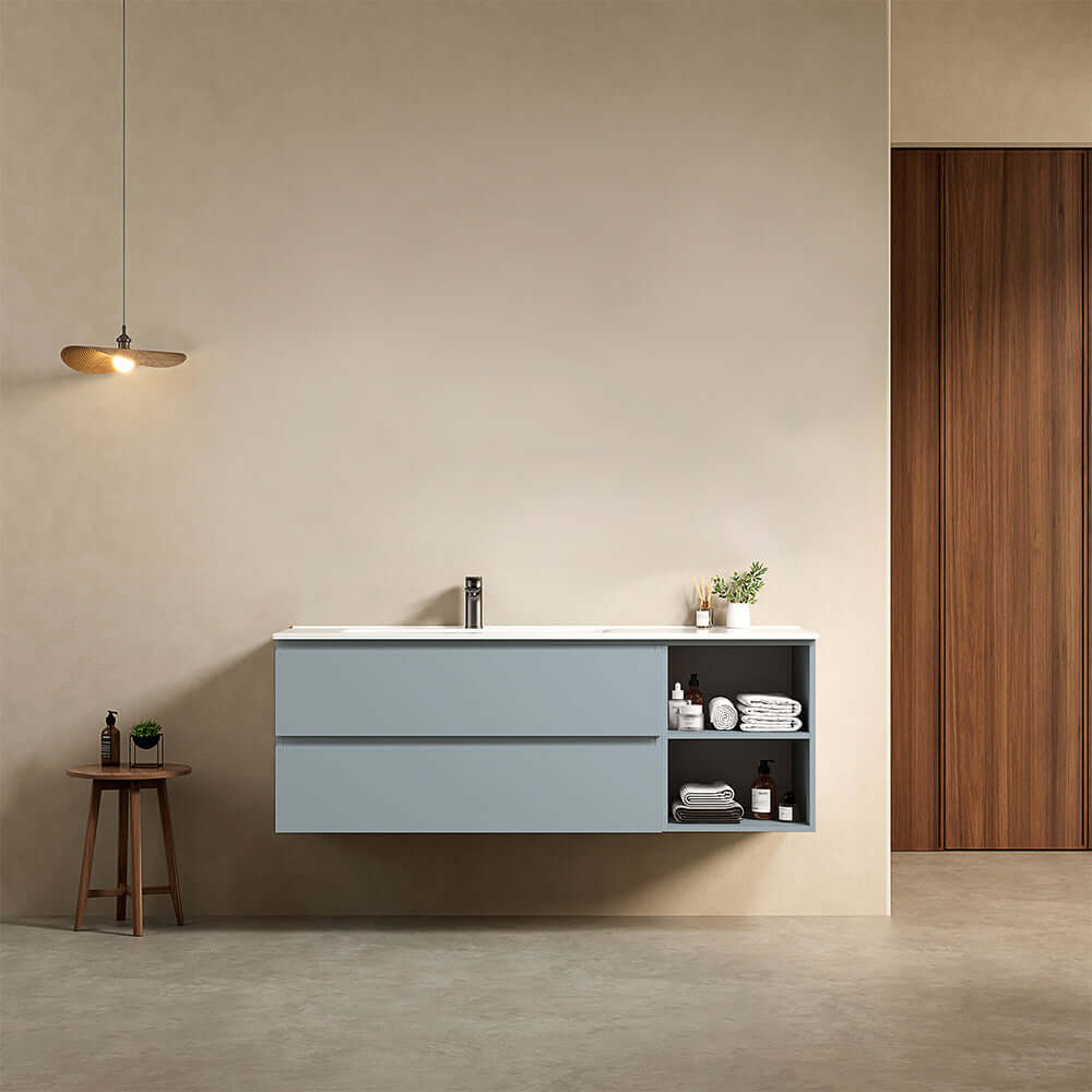 Mobile bagno sospeso 140 cm Blu Avio Lavabo a Sinistra in Resina Senza Specchio - Fiji Paint Plus