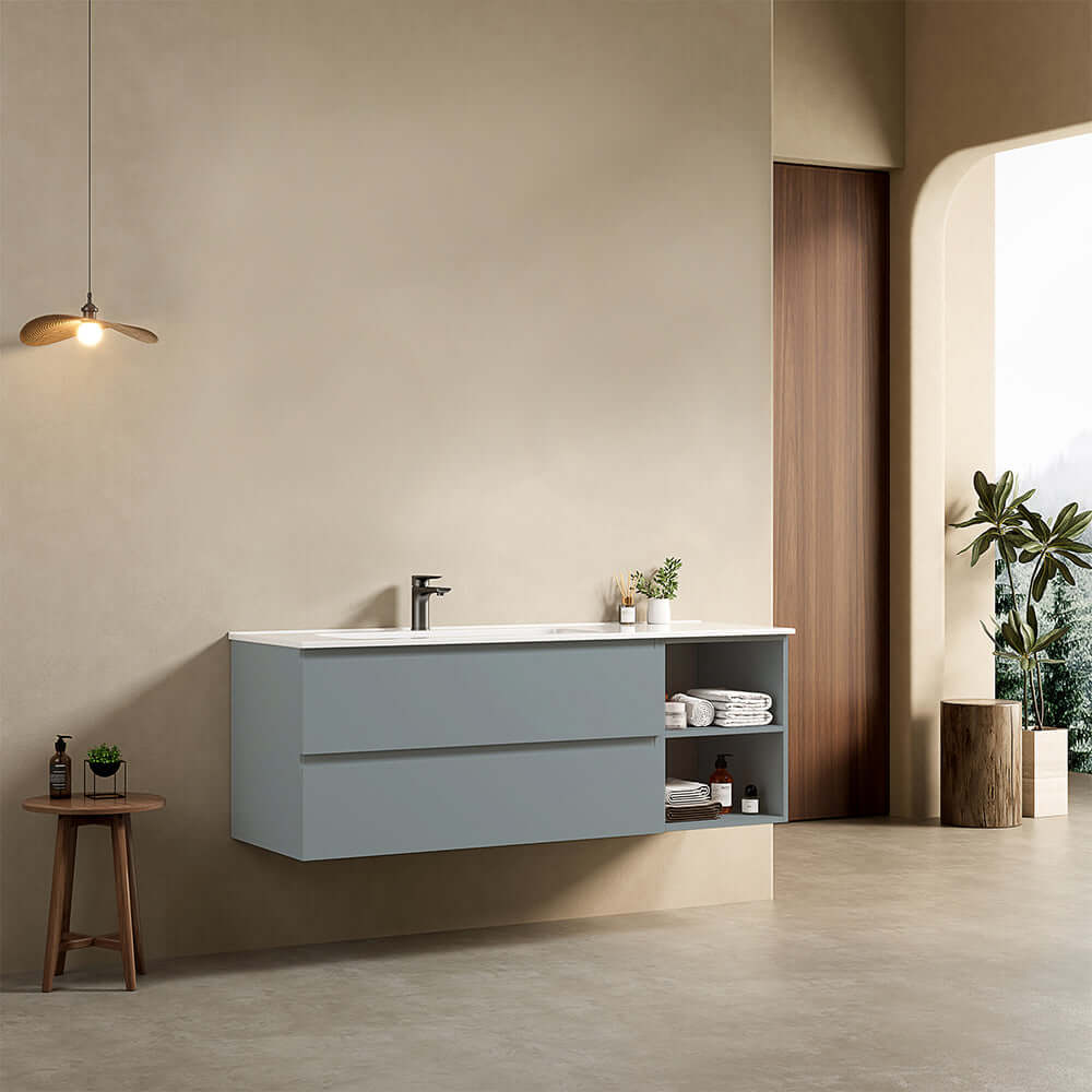 Mobile bagno sospeso 140 cm Blu Avio Lavabo a Sinistra in Resina Senza Specchio - Fiji Paint Plus