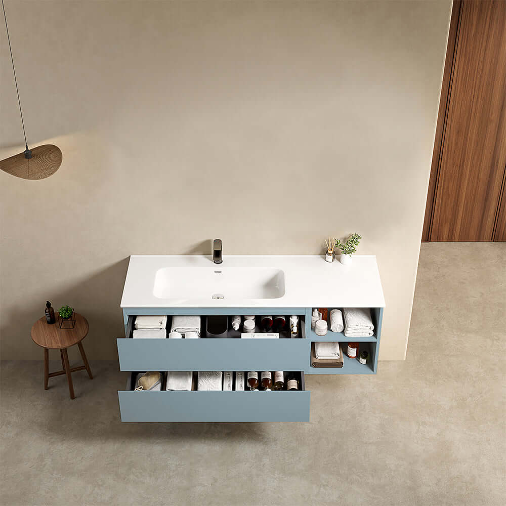 Mobile bagno sospeso 140 cm Blu Avio Lavabo a Sinistra in Resina Senza Specchio - Fiji Paint Plus