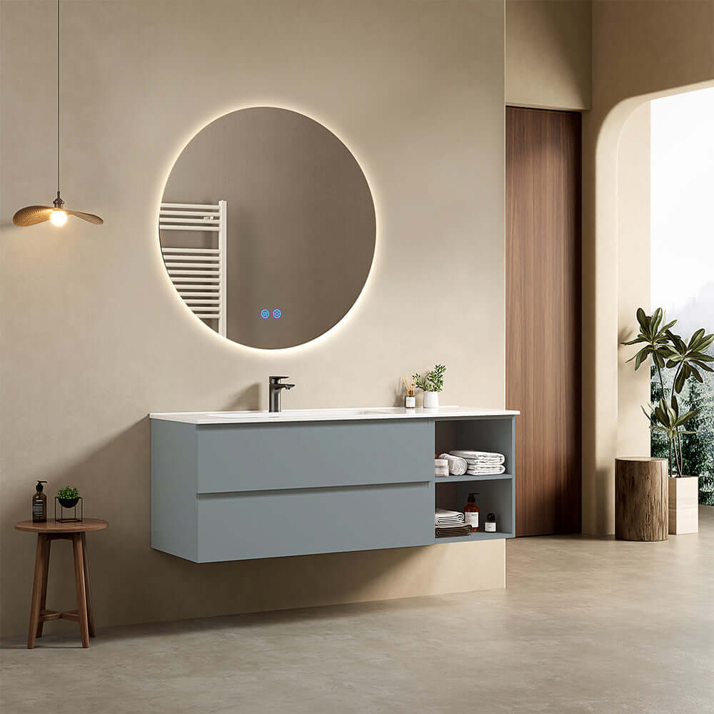 Mobile bagno sospeso 140 cm Blu Avio Lavabo a Sinistra in Resina Specchio Tondo Retroilluminato - Fiji Paint Plus