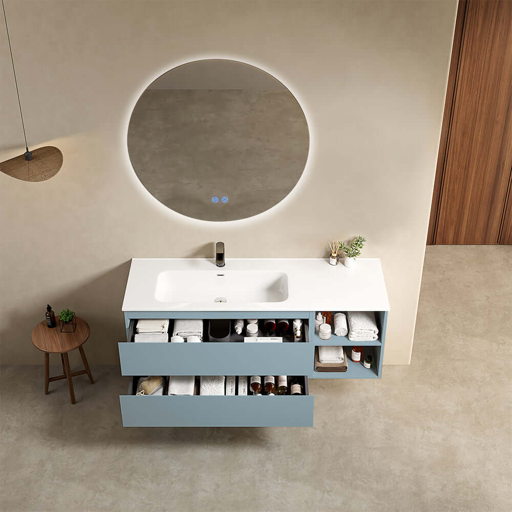 Mobile bagno sospeso 140 cm Blu Avio Lavabo a Sinistra in Resina Specchio Tondo Retroilluminato - Fiji Paint Plus