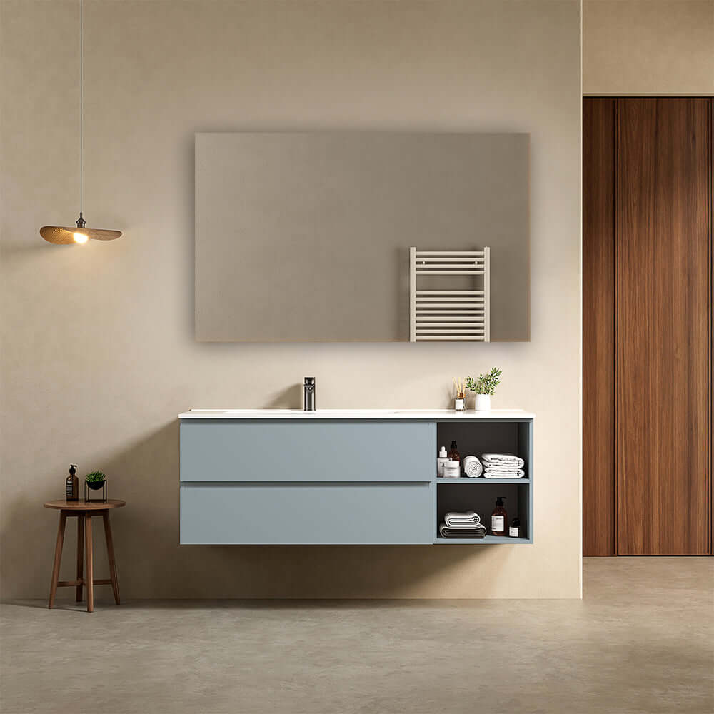 Mobile bagno sospeso 140 cm Blu Avio Lavabo a Sinistra in Resina Specchio Quadro - Fiji Paint Plus