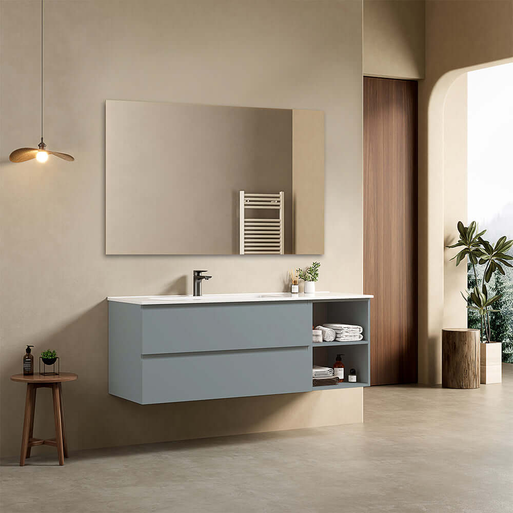 Mobile bagno sospeso 140 cm Blu Avio Lavabo a Sinistra in Resina Specchio Quadro - Fiji Paint Plus