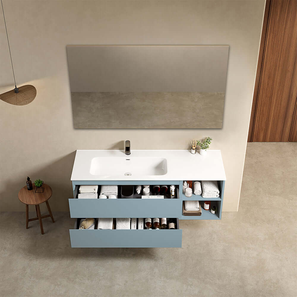Mobile bagno sospeso 140 cm Blu Avio Lavabo a Sinistra in Resina Specchio Quadro - Fiji Paint Plus