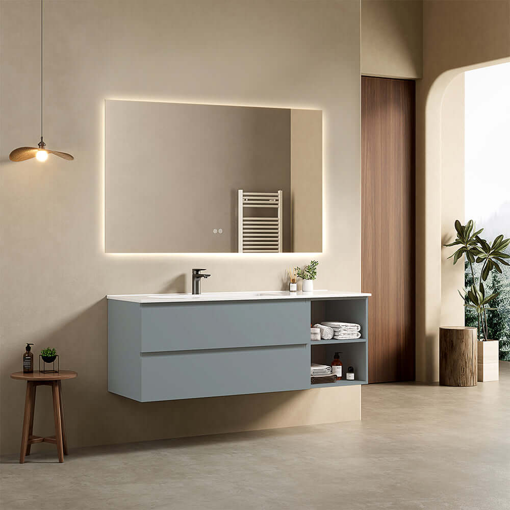 Mobile bagno sospeso 140 cm Blu Avio Lavabo a Sinistra in Resina Specchio Quadro Retroilluminato - Fiji Paint Plus