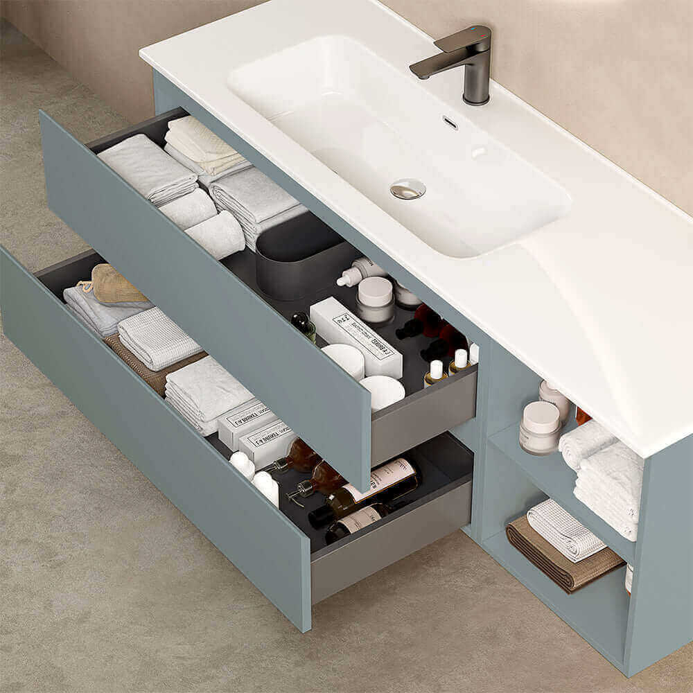 Mobile bagno sospeso 140 cm Blu Avio Lavabo a Sinistra in Resina Specchio Tondo Retroilluminato - Fiji Paint Plus