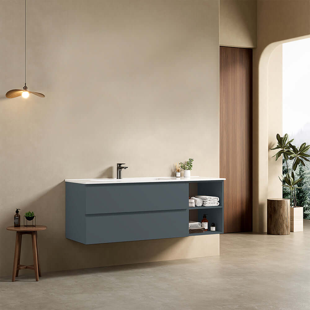 Mobile bagno sospeso 140 cm Blu Mare Lavabo a Sinistra in Resina Senza Specchio - Fiji Paint Plus