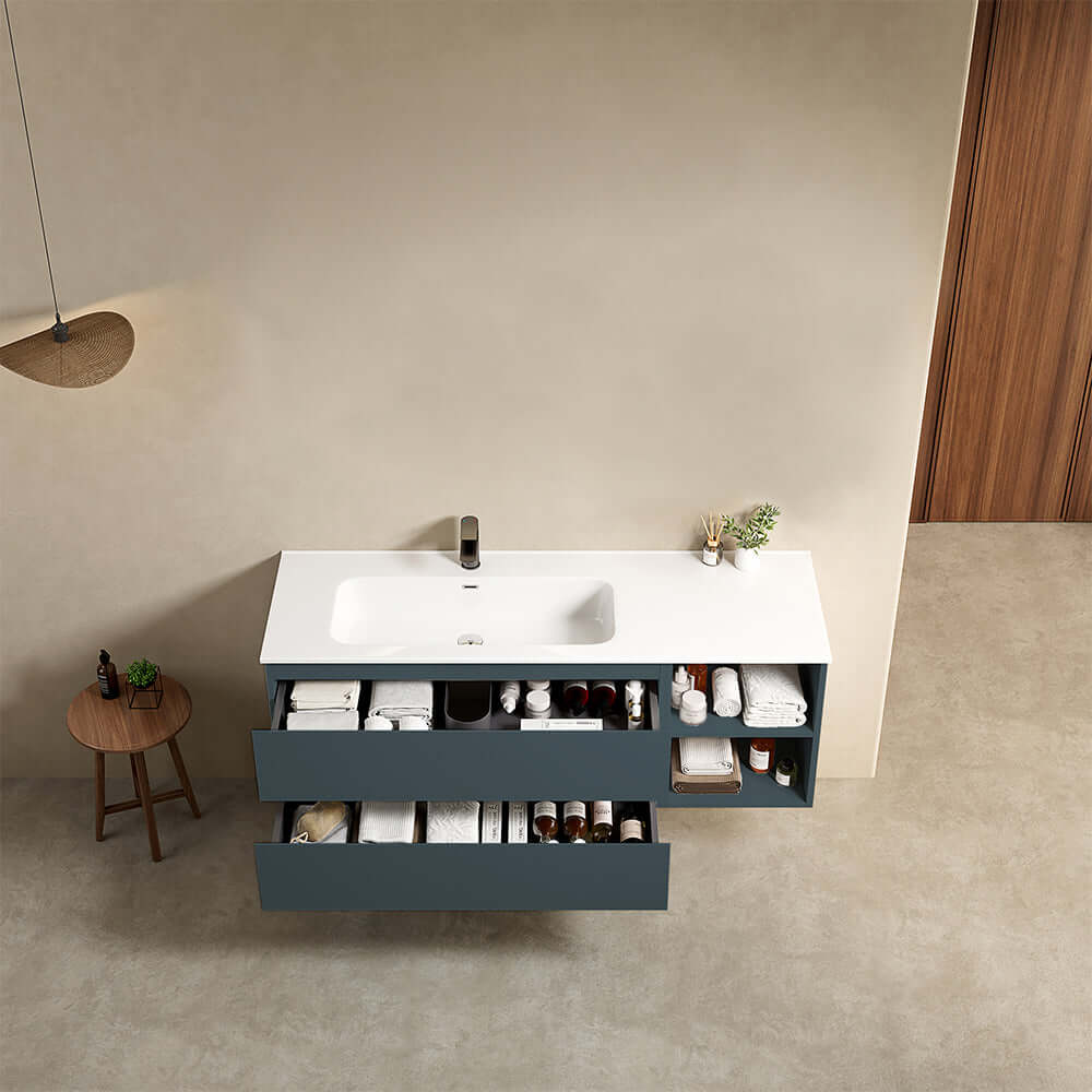 Mobile bagno sospeso 140 cm Blu Mare Lavabo a Sinistra in Resina Senza Specchio - Fiji Paint Plus