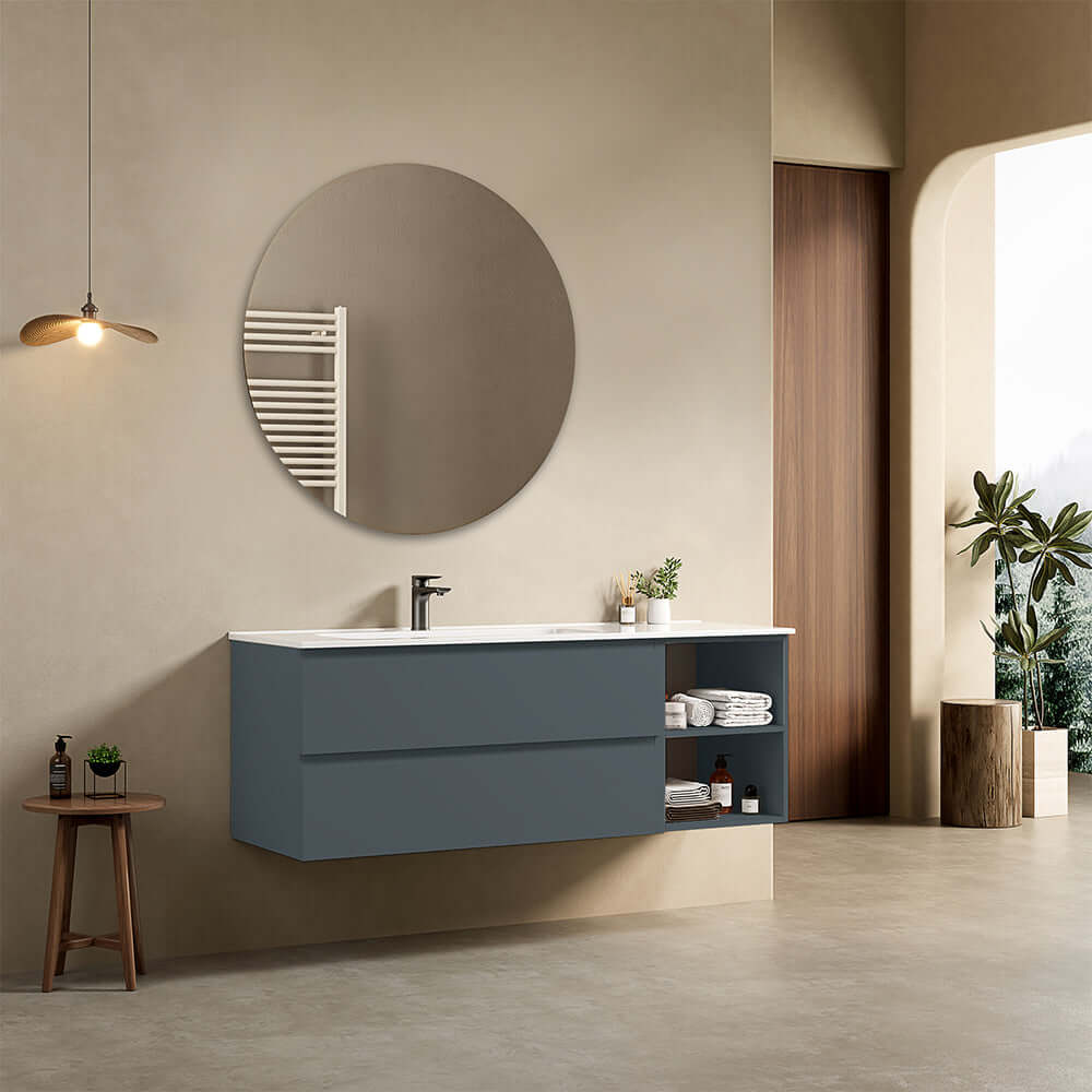 Mobile bagno sospeso 140 cm Blu Mare Lavabo a Sinistra in Resina Specchio Tondo - Fiji Paint Plus