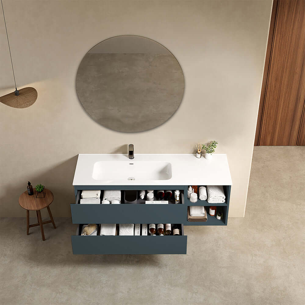 Mobile bagno sospeso 140 cm Blu Mare Lavabo a Sinistra in Resina Specchio Tondo - Fiji Paint Plus