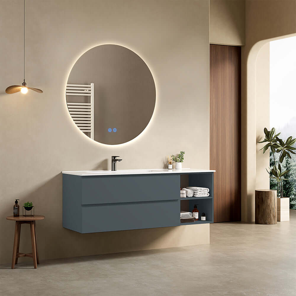 Mobile bagno sospeso 140 cm Blu Mare Lavabo a Sinistra in Resina Specchio Tondo Retroilluminato - Fiji Paint Plus