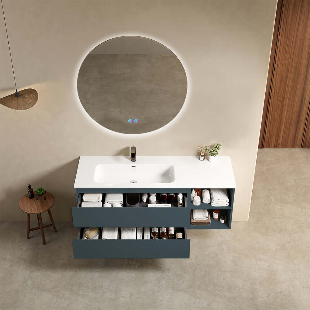 Mobile bagno sospeso 140 cm Blu Mare Lavabo a Sinistra in Resina Specchio Tondo Retroilluminato - Fiji Paint Plus