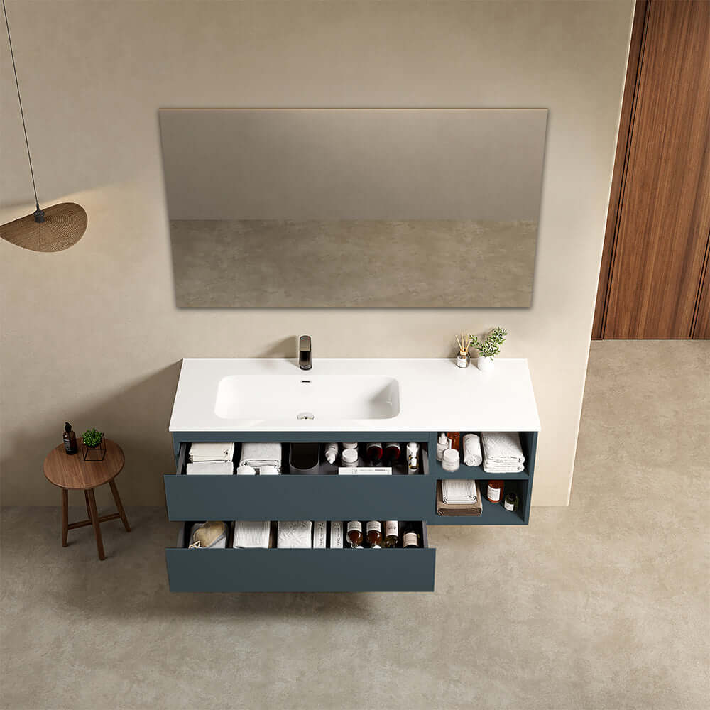 Mobile bagno sospeso 140 cm Blu Mare Lavabo a Sinistra in Resina Specchio Quadro - Fiji Paint Plus