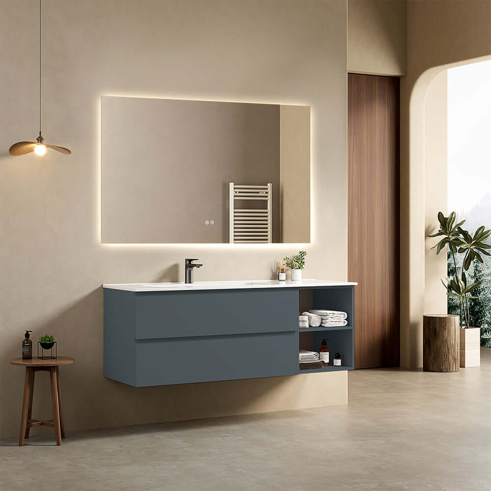 Mobile bagno sospeso 140 cm Blu Mare Lavabo a Sinistra in Resina Specchio Quadro Retroilluminato - Fiji Paint Plus