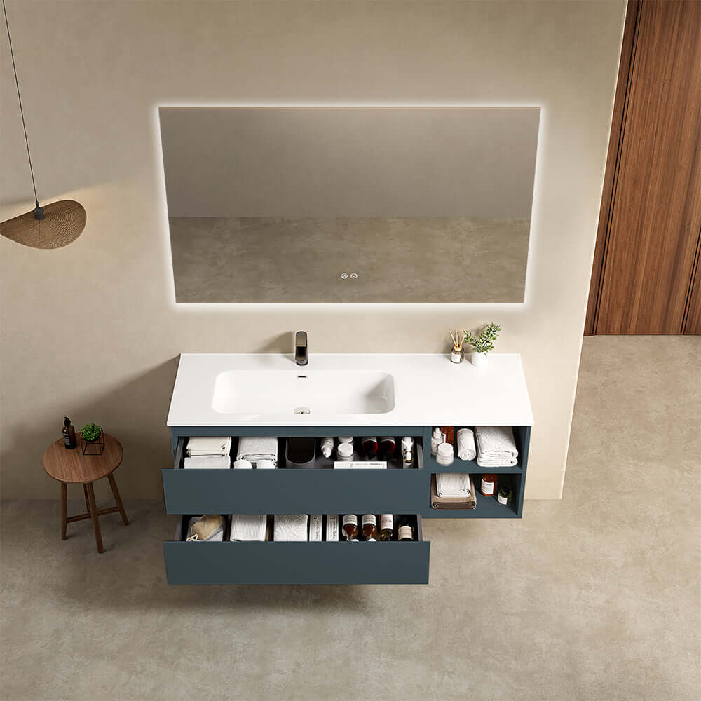 Mobile bagno sospeso 140 cm Blu Mare Lavabo a Sinistra in Resina Specchio Quadro Retroilluminato - Fiji Paint Plus