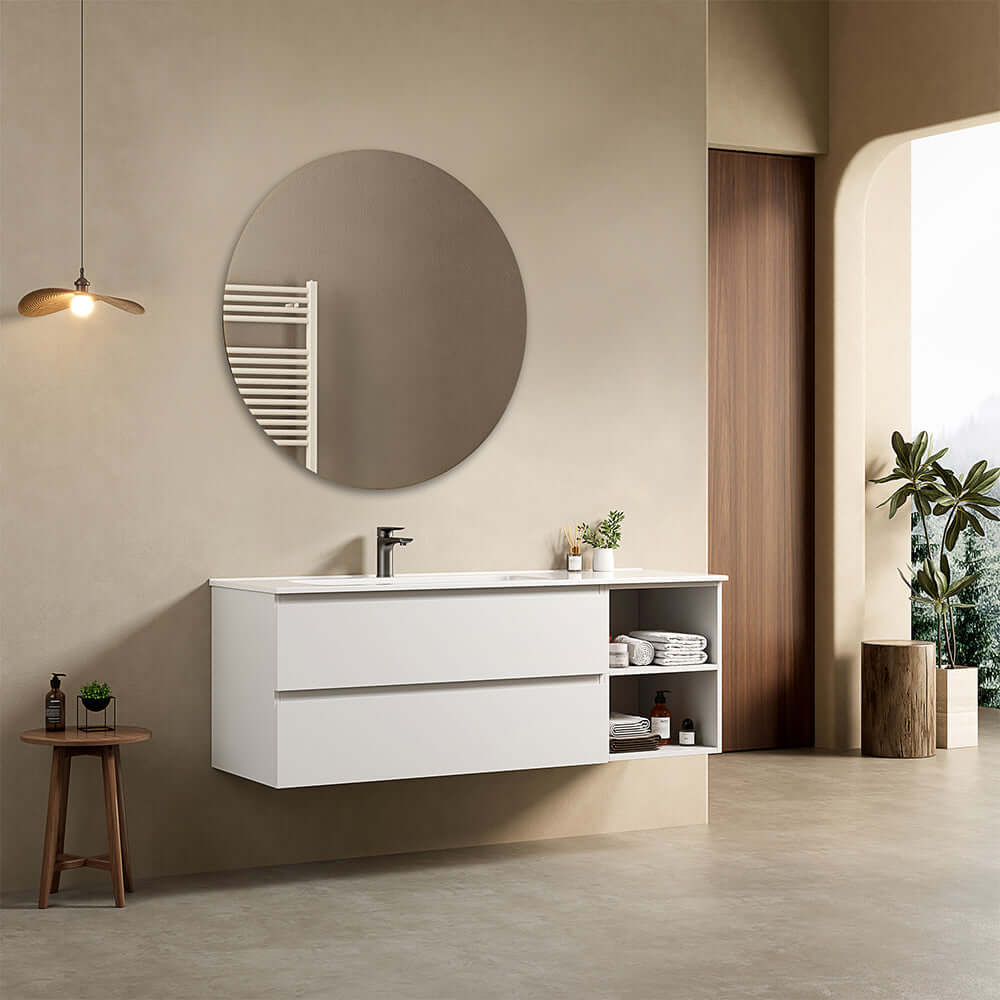 Mobile bagno sospeso 140 cm Bianco Lavabo a Sinistra in Resina Specchio Tondo - Fiji Paint Plus