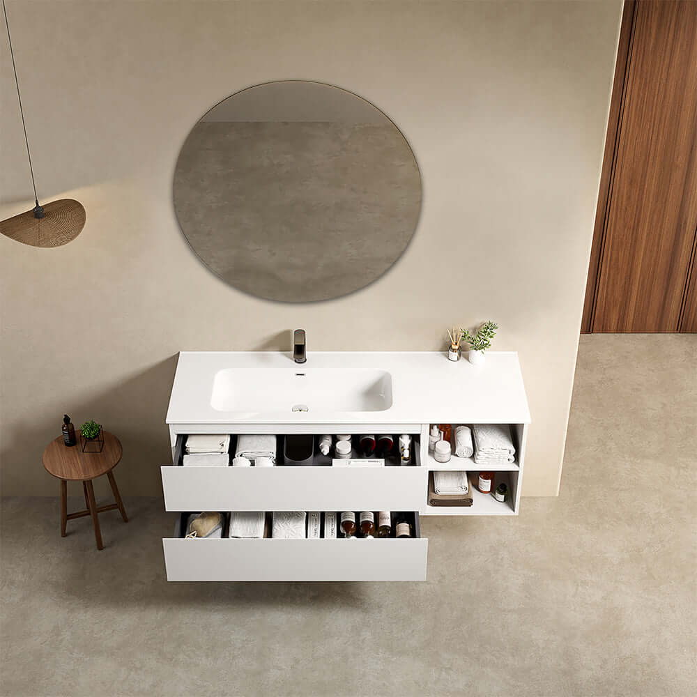 Mobile bagno sospeso 140 cm Bianco Lavabo a Sinistra in Resina Specchio Tondo - Fiji Paint Plus