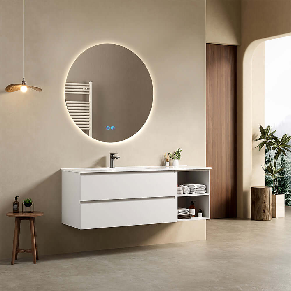 Mobile bagno sospeso 140 cm Bianco Lavabo a Sinistra in Resina Specchio Tondo Retroilluminato - Fiji Paint Plus