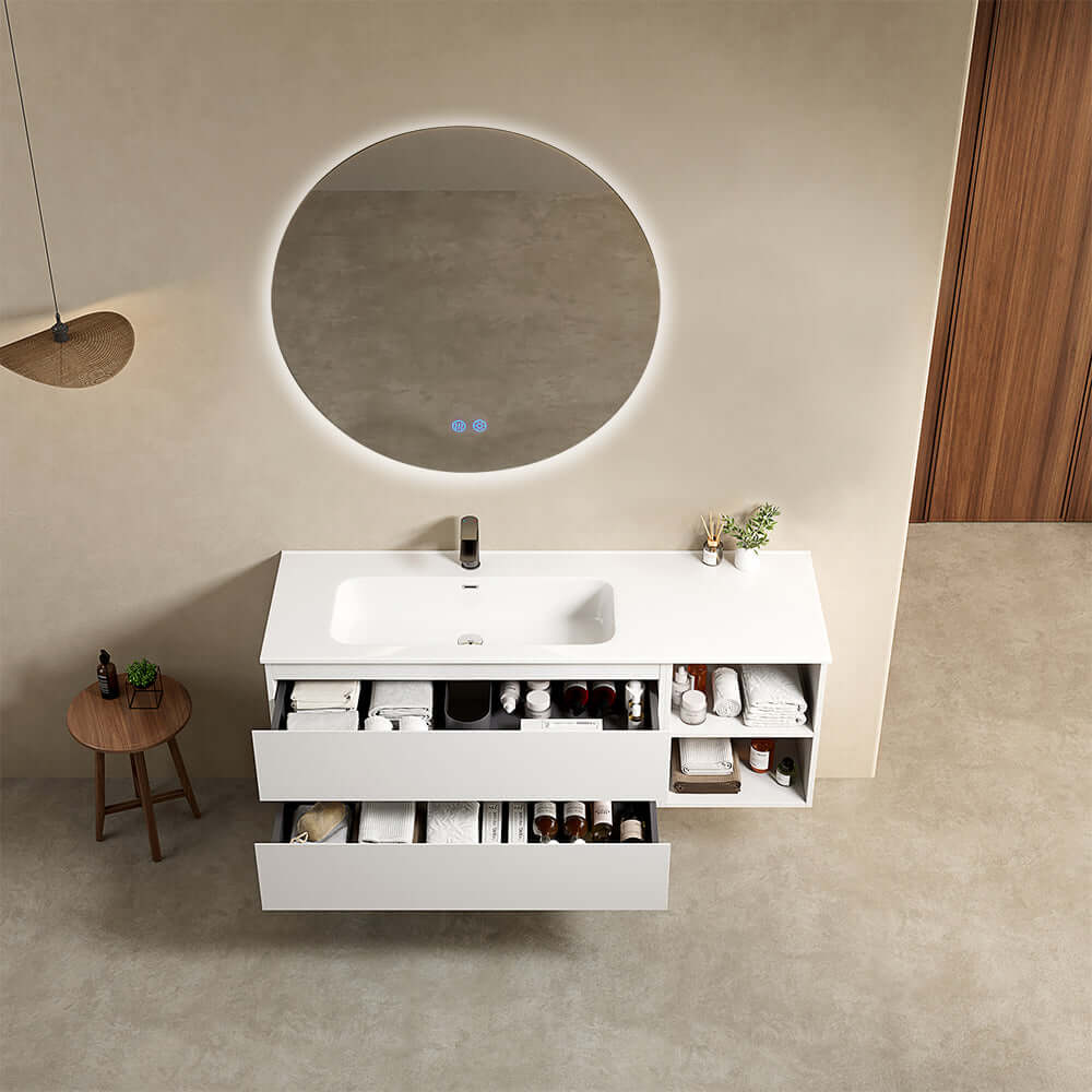 Mobile bagno sospeso 140 cm Bianco Lavabo a Sinistra in Resina Specchio Tondo Retroilluminato - Fiji Paint Plus