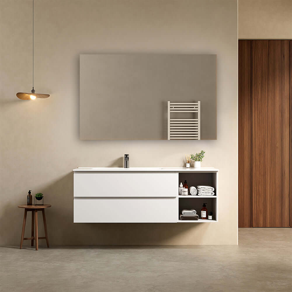 Mobile bagno sospeso 140 cm Bianco Lavabo a Sinistra in Resina Specchio Quadro - Fiji Paint Plus