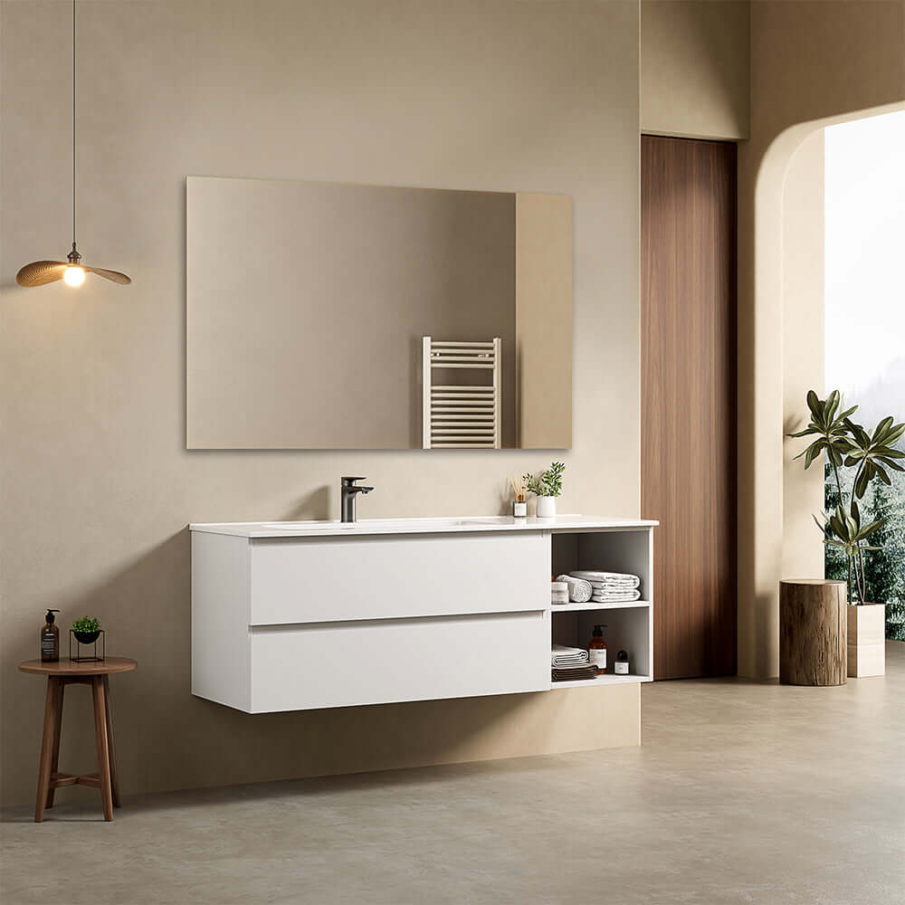 Mobile bagno sospeso 140 cm Bianco Lavabo a Sinistra in Resina Specchio Quadro - Fiji Paint Plus