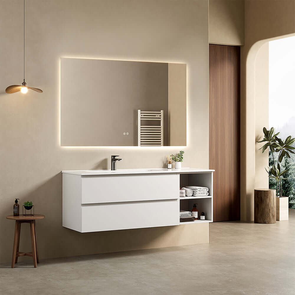 Mobile bagno sospeso 140 cm Bianco Lavabo a Sinistra in Resina Specchio Quadro Retroilluminato - Fiji Paint Plus