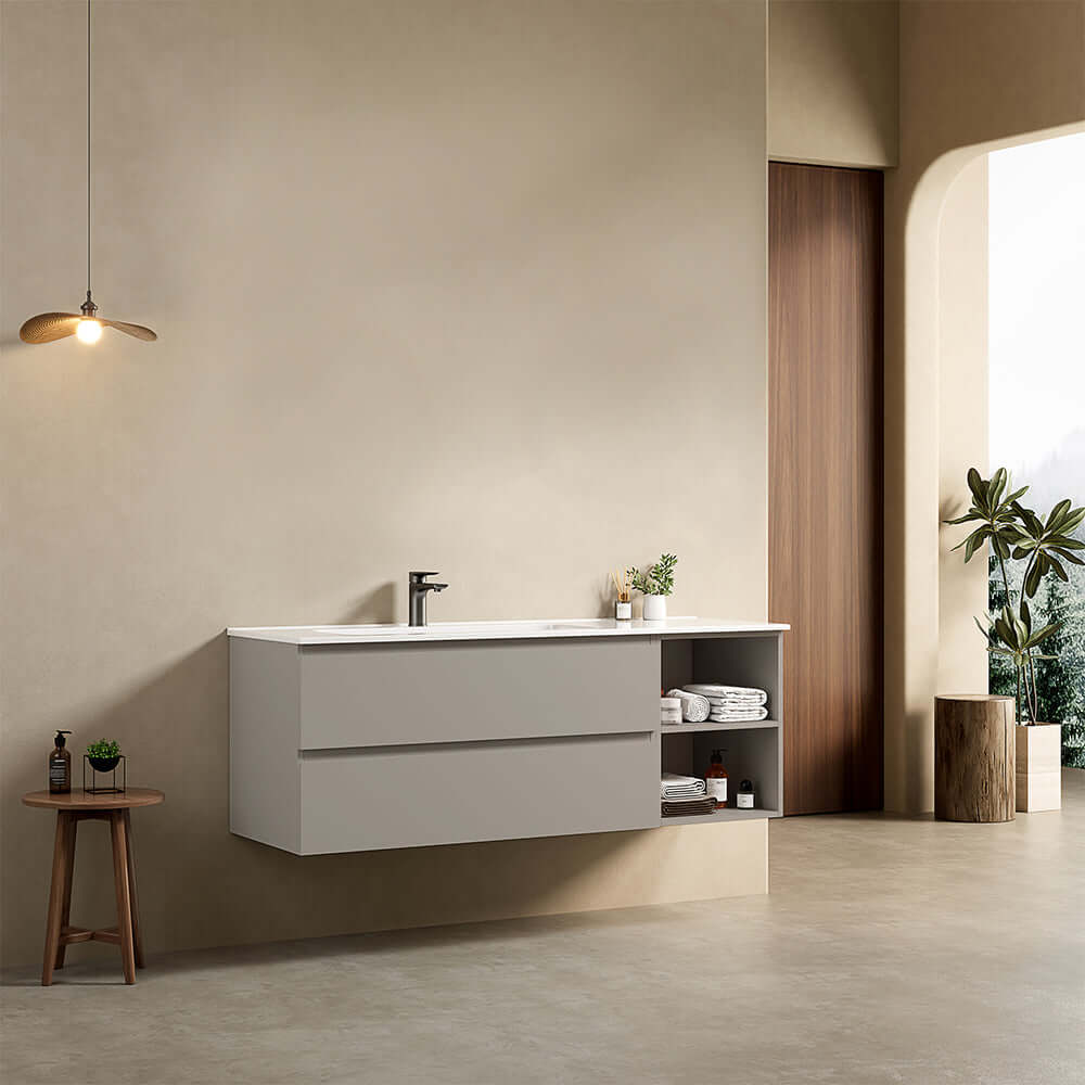 Mobile bagno sospeso 140 cm Grigio Cenere Lavabo a Sinistra in Resina Senza Specchio - Fiji Paint Plus