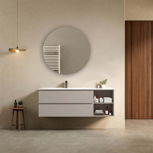 Mobile bagno sospeso 140 cm Grigio Cenere Lavabo a Sinistra in Resina Specchio Tondo - Fiji Paint Plus