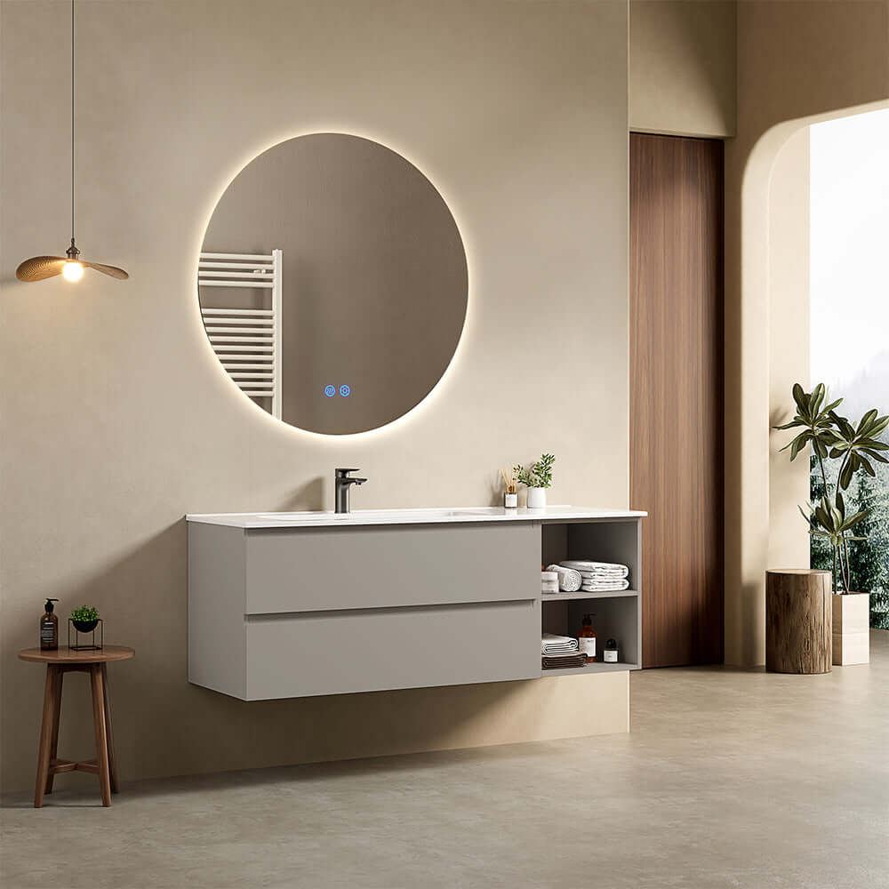 Mobile bagno sospeso 140 cm Grigio Cenere Lavabo a Sinistra in Resina Specchio Tondo Retroilluminato - Fiji Paint Plus