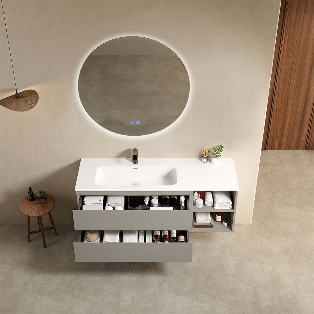 Mobile bagno sospeso 140 cm Grigio Cenere Lavabo a Sinistra in Resina Specchio Tondo Retroilluminato - Fiji Paint Plus