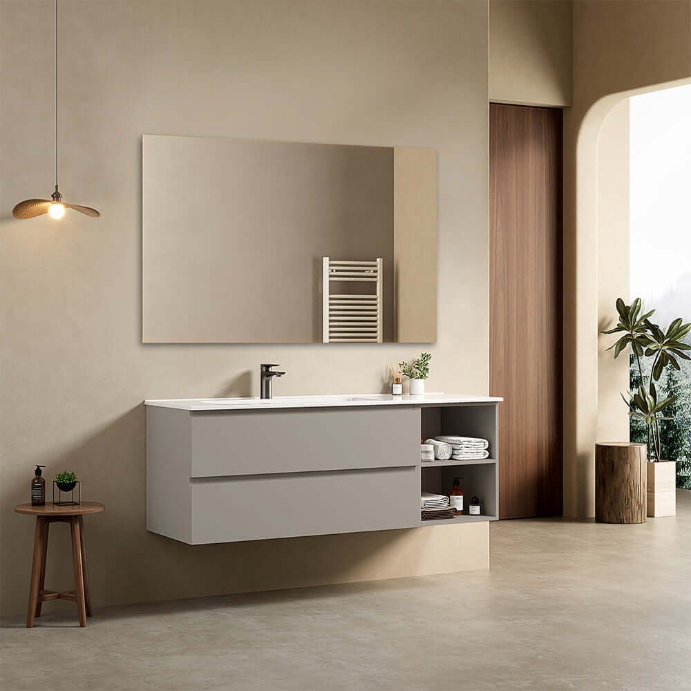Mobile bagno sospeso 140 cm Grigio Cenere Lavabo a Sinistra in Resina Specchio Quadro - Fiji Paint Plus