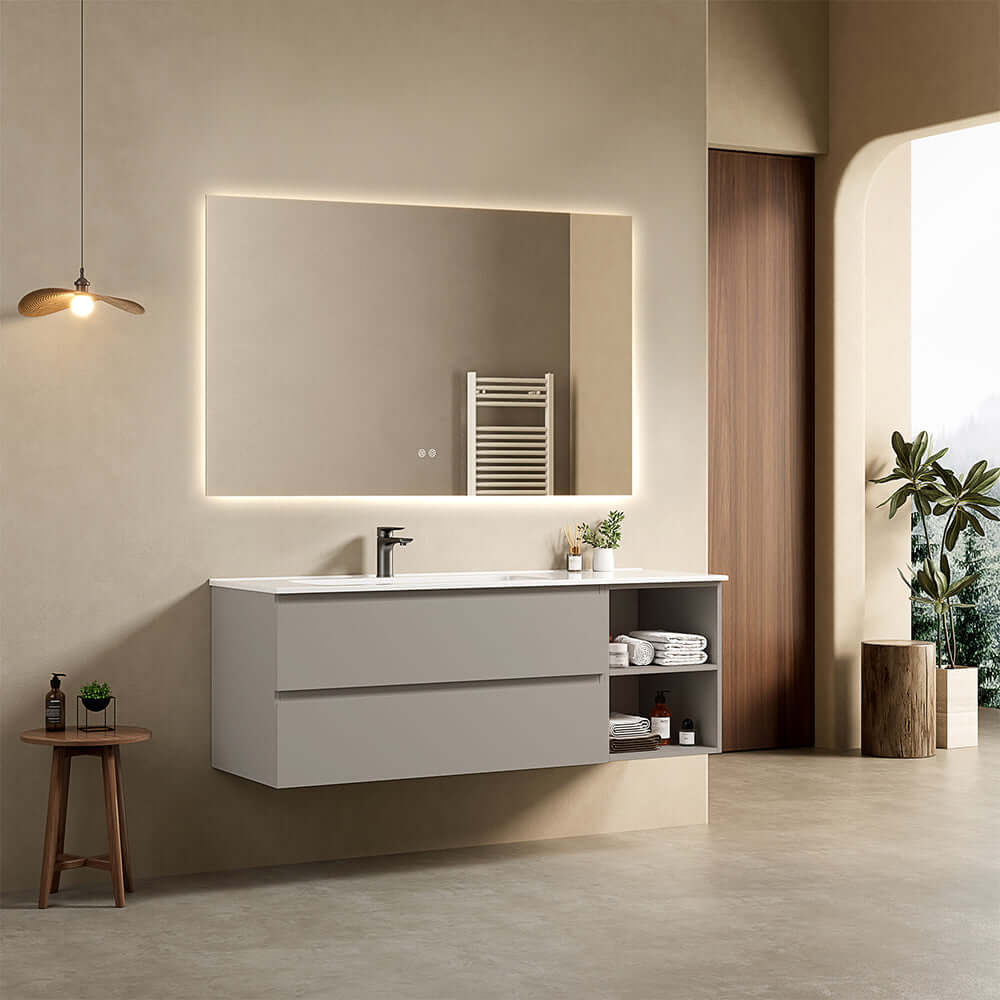 Mobile bagno sospeso 140 cm Grigio Cenere Lavabo a Sinistra in Resina Specchio Quadro Retroilluminato - Fiji Paint Plus
